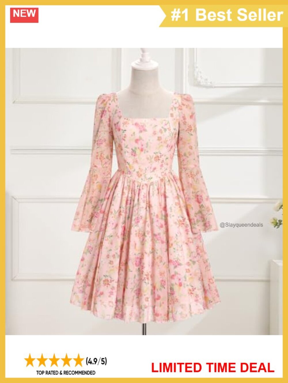 Floral Chiffon Bell Sleeve Square Neck Ruffle Mini Dress - Picture 4 of 6